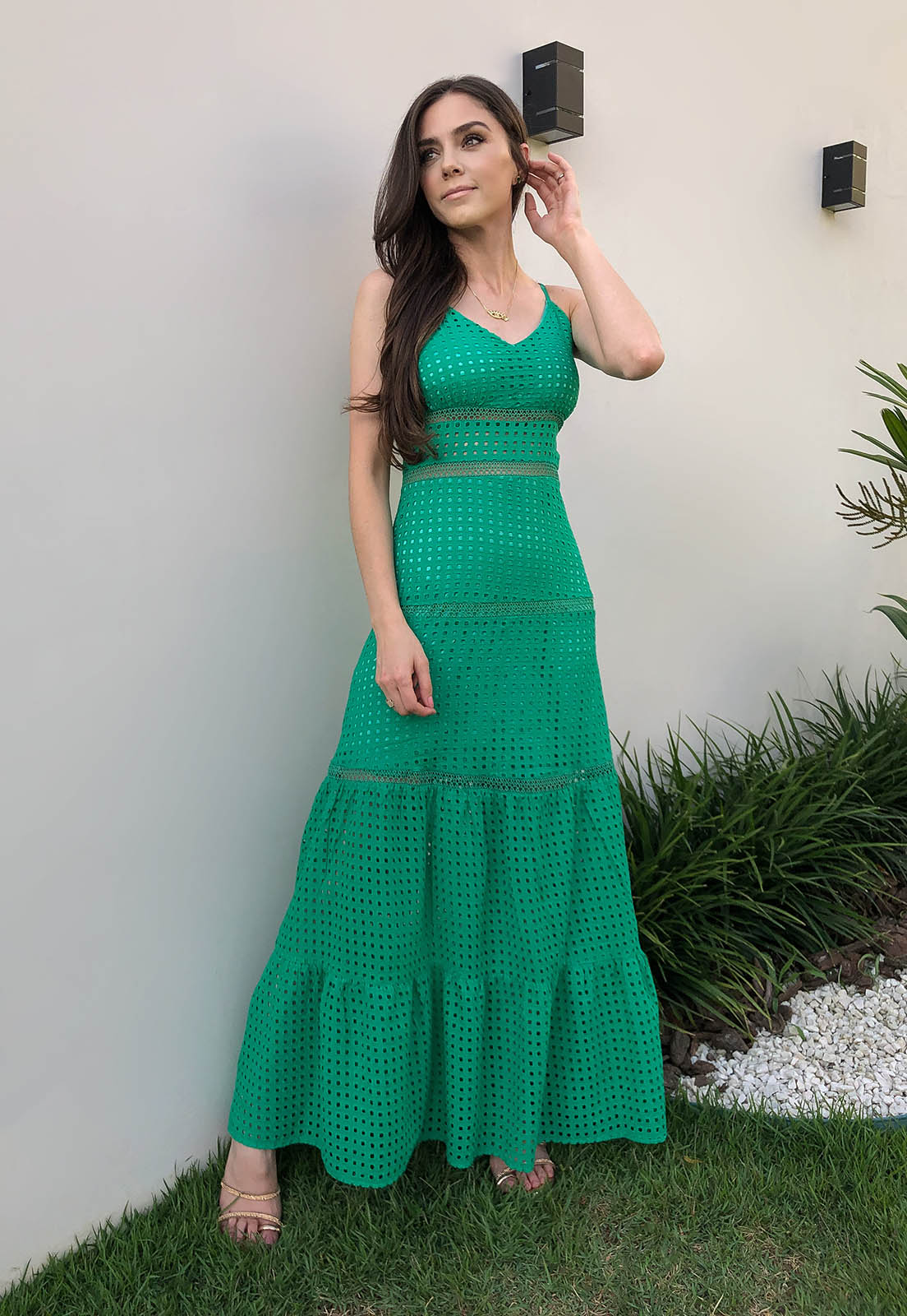Vestido Longo Alças  Laise Verde Esmeralda