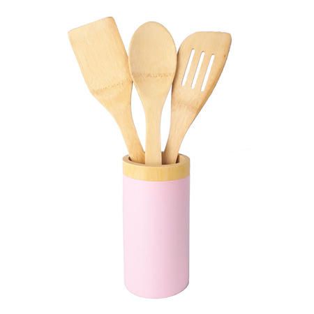 Kit Utensílios Para Cozinha De Bambu 4 Peças Rosa