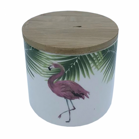 Pote Cerâmica tampa madeira Flamingo 400 ml 10,5x8,5cm BTC
