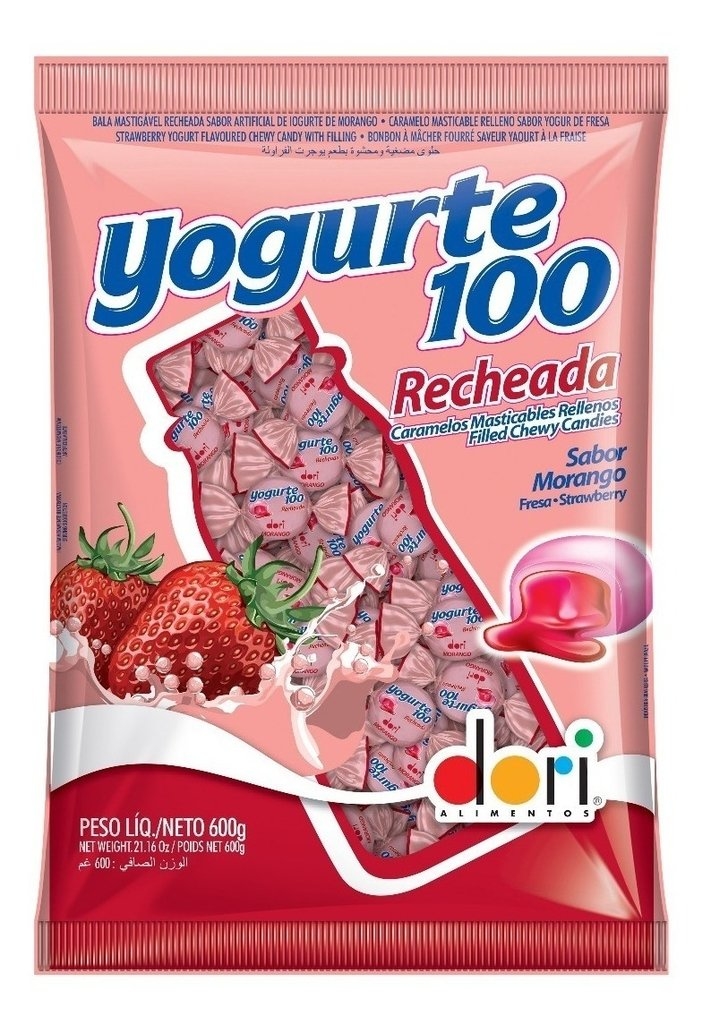 Bala Yogurte 100 Mastigável Recheada Morango - 600g - Dori - Foto 0
