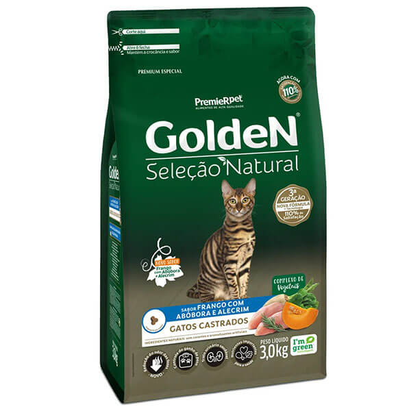 Ração Premier Golden Seleção Natural Gatos Castrados sabor Frango com Abóbora e Alecrim 3 kg