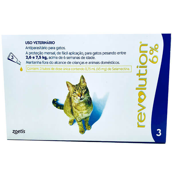 Revolution 6 Antiparasitário para Gatos 2,6 a 7,5 kg Zoetis 3 Ampolas 0,75 ml