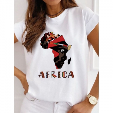 Camiseta casual de manga curta para senhoras, decote em O, camiseta branca solta, top africano estampado, roupas engraçadas, nova, verão