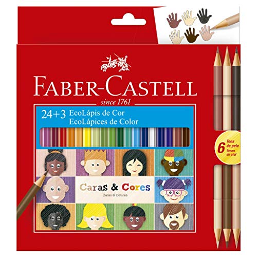 Lápis de Cor, Faber-Castell, Ecolápis Caras & Cores, 120124CC, 24 Cores + 3 Tons de Pele