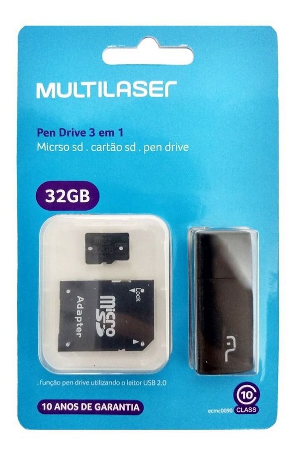 Pen Drive+Cartão de Memória Micro sd + Adaptador 3 em 1 SD + Classe10 32GB Preto Multilaser MC113