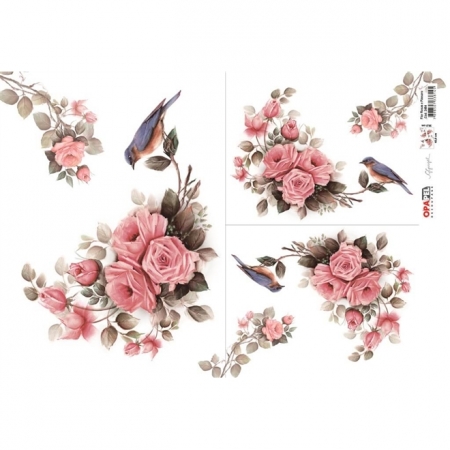 Papel Para Decoupage Opa - Ref. Opapel 2484 (45x30) - Flor Rosas e Pássaro