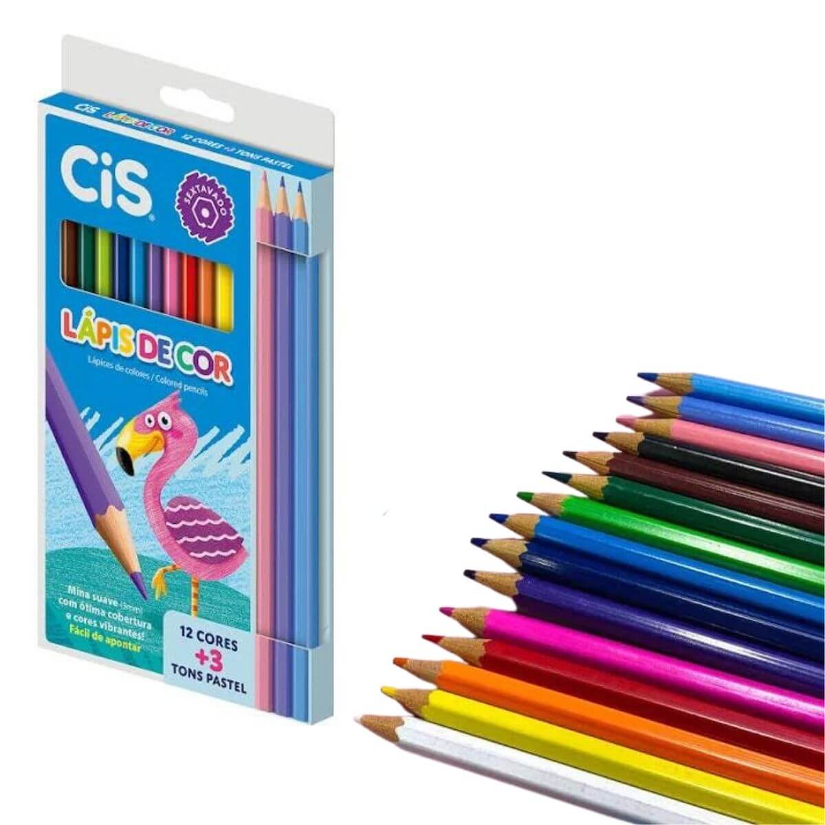 Lápis de Cor Cis - 12 Cores Tradicionais + 3 Cores Pastel