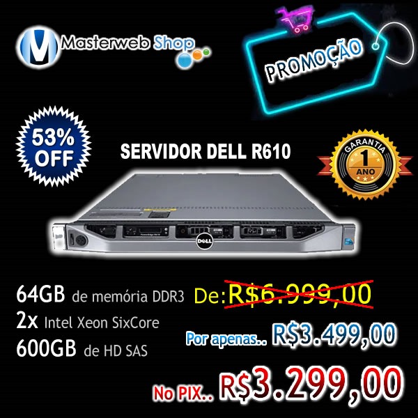 Servidor Dell R610 - 2x Six - 64GB - 600GB de HD SAS
