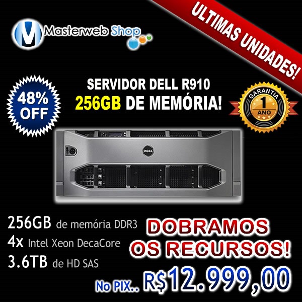 Servidor Dell R910 - 4x Deca - 256GB - 3.6TB de HD SAS