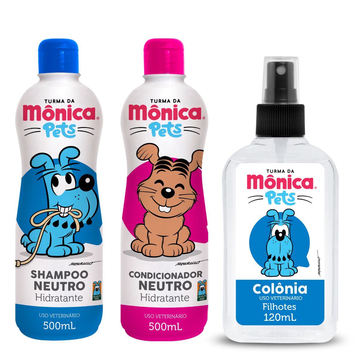 Shampoo Neutro + Condicionador Hidratante + Perfume Turma da Mônica 500ml para Cães e Gatos