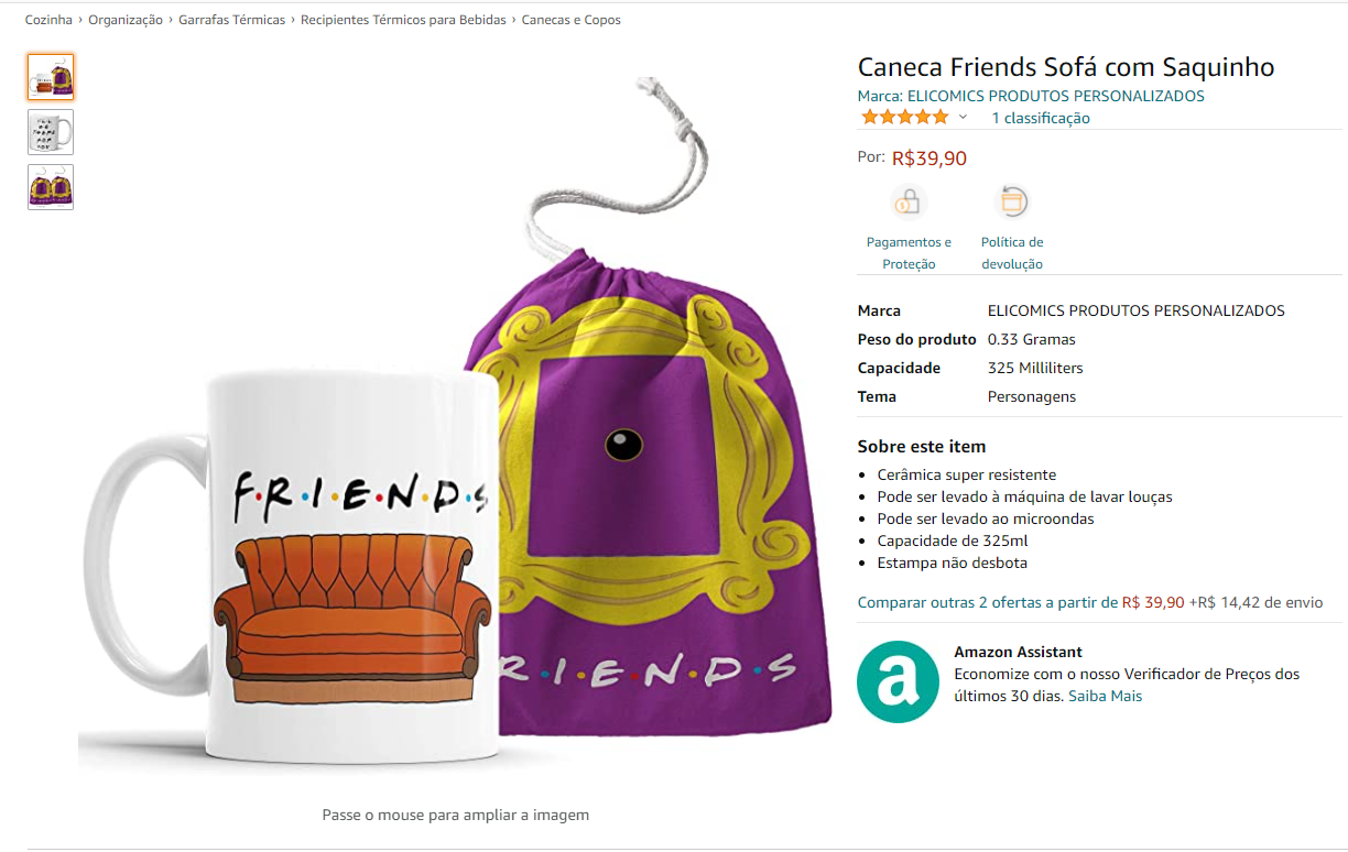A imagem mostra uma caneca da série Friends a venda no Amazon Marketplace. Com fotos nítidas e uma descrição completa