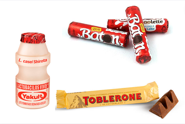 A imagem mostra três exemplos de marcas registradas tridimensionais, onde tanto a embalagem e a forma do produto tem um formato característico: Yakult, Toblerone e chocolate batom. 